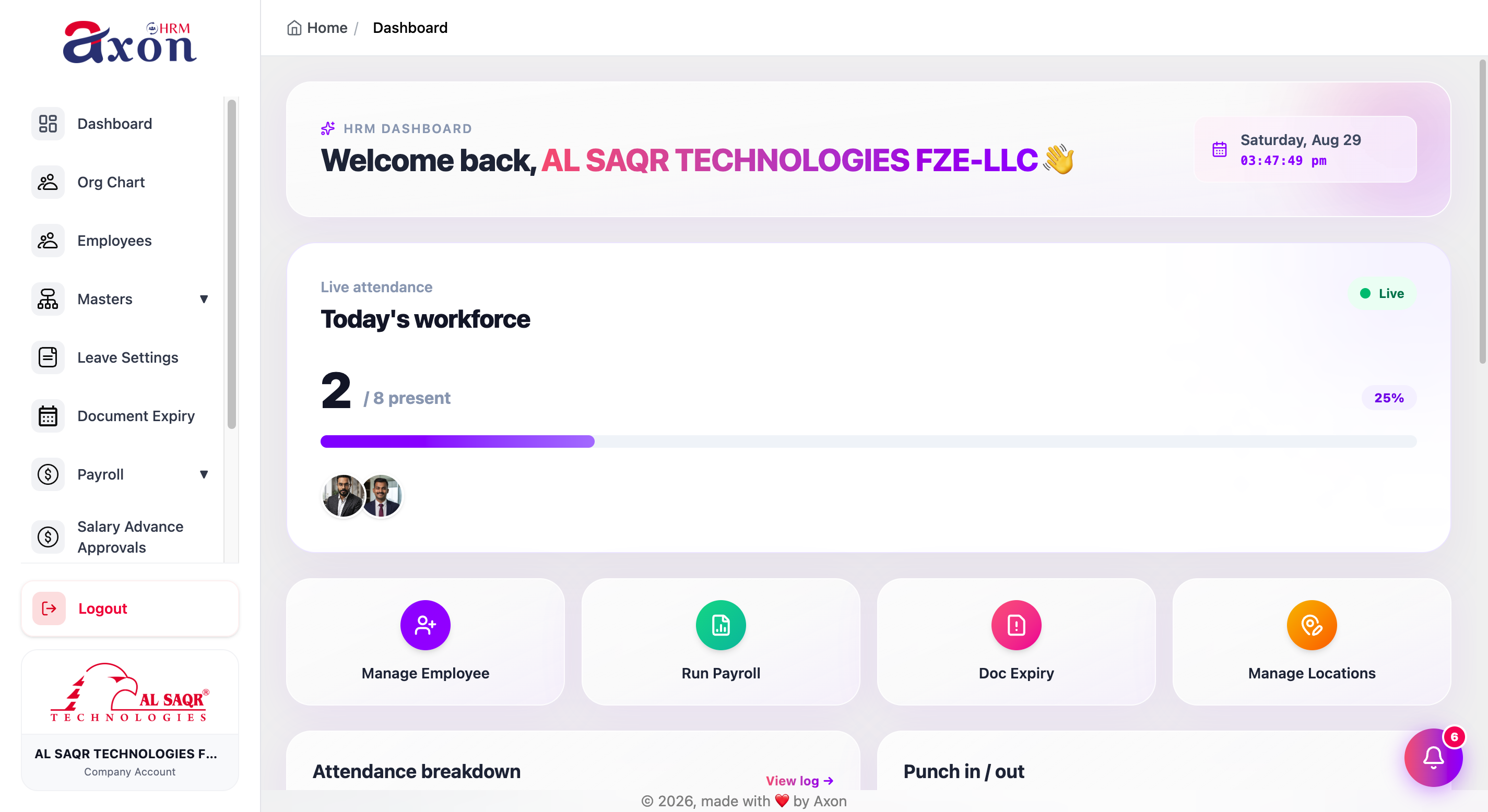 Axon HRMS administrator dashboard
