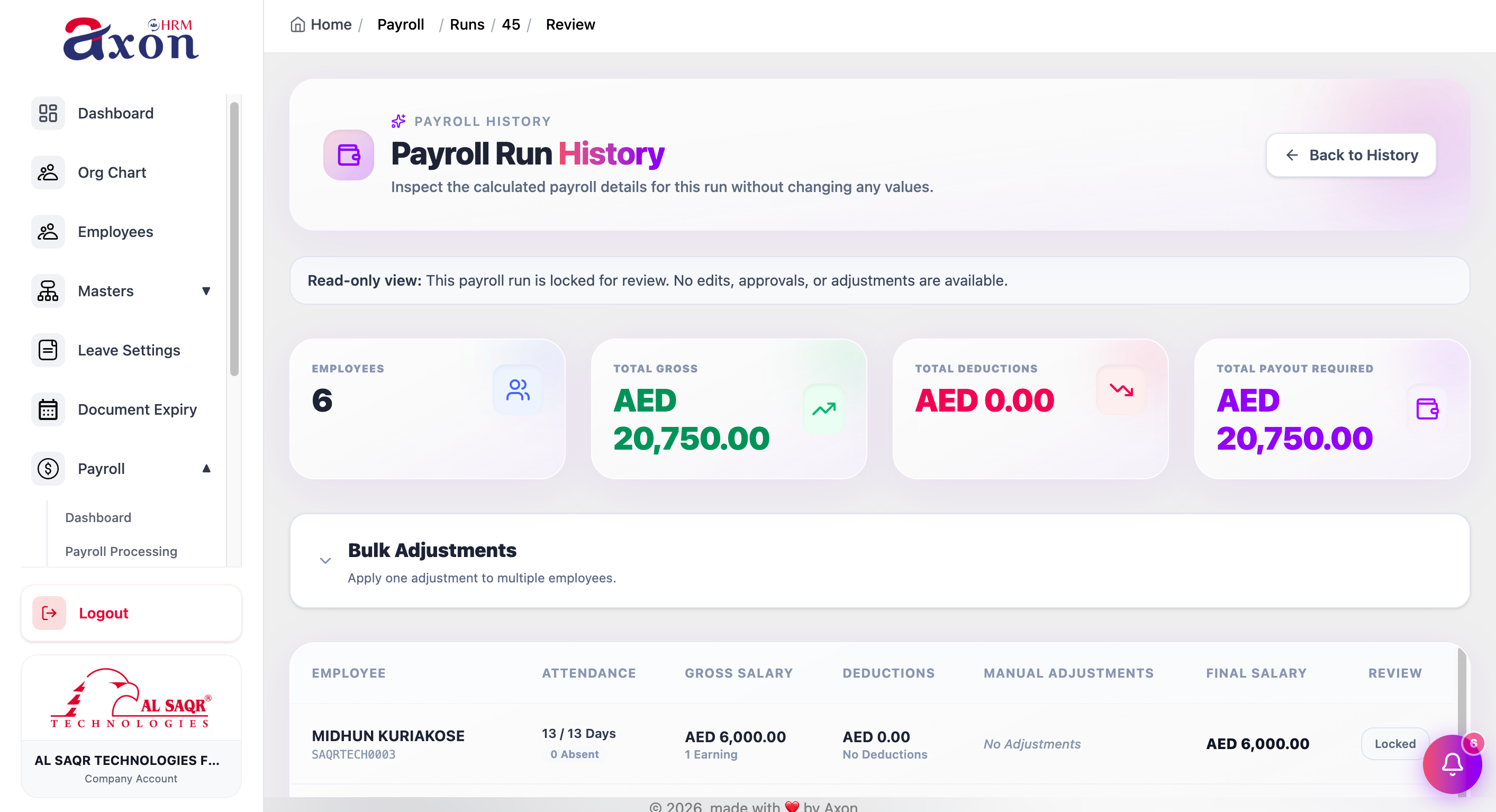 Axon HRMS payroll run history and review
